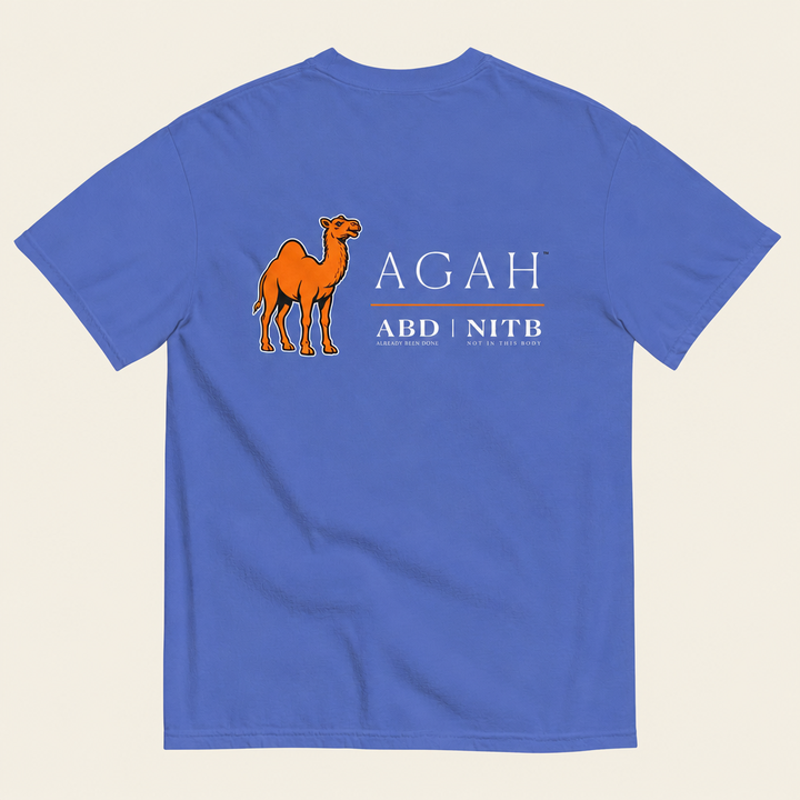 Flo Blue tee back with off-white background