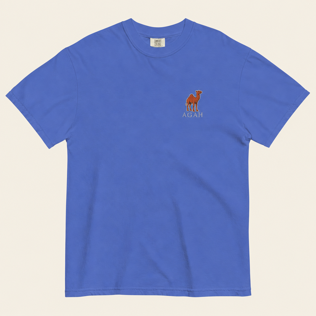 Flo Blue tee front with off-white background