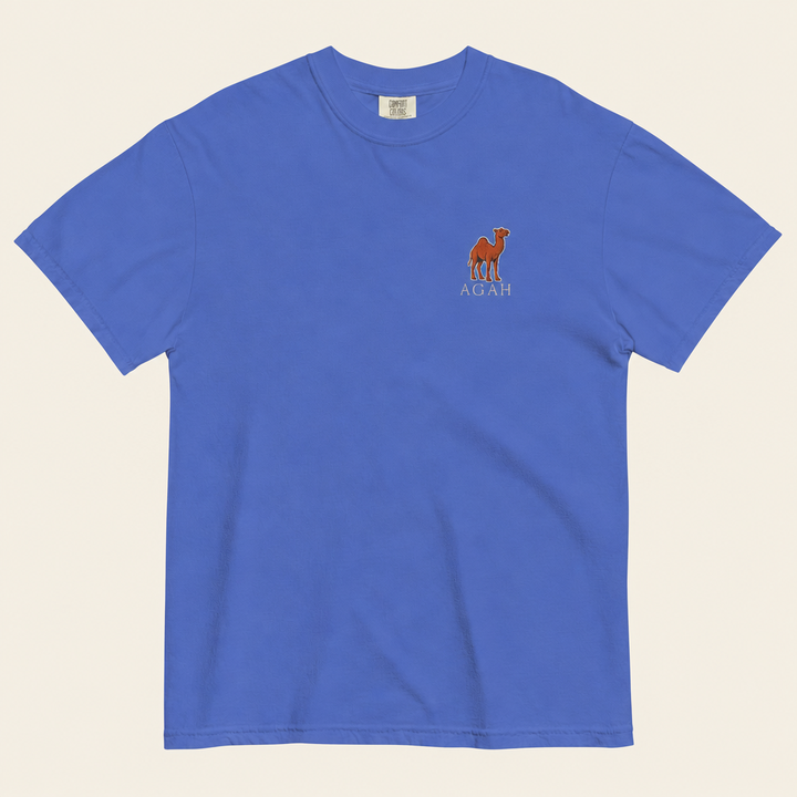 Flo Blue tee front with off-white background