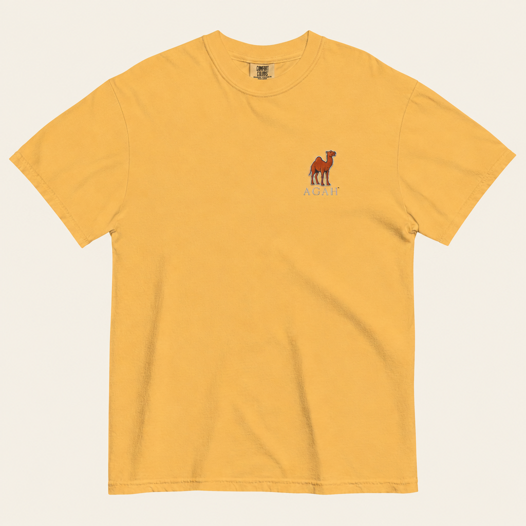 Mustard tee front with off-white background